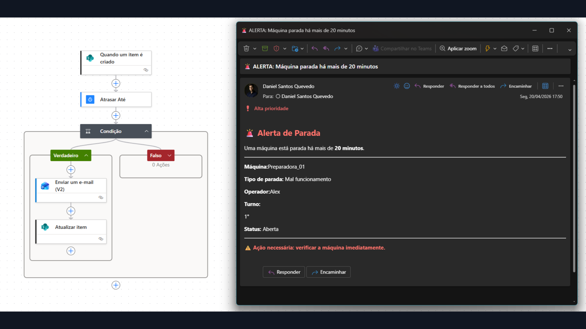 Fluxo Power Automate — gatilho de parada aberta há mais de 20 minutos dispara e-mail de alerta para liderança