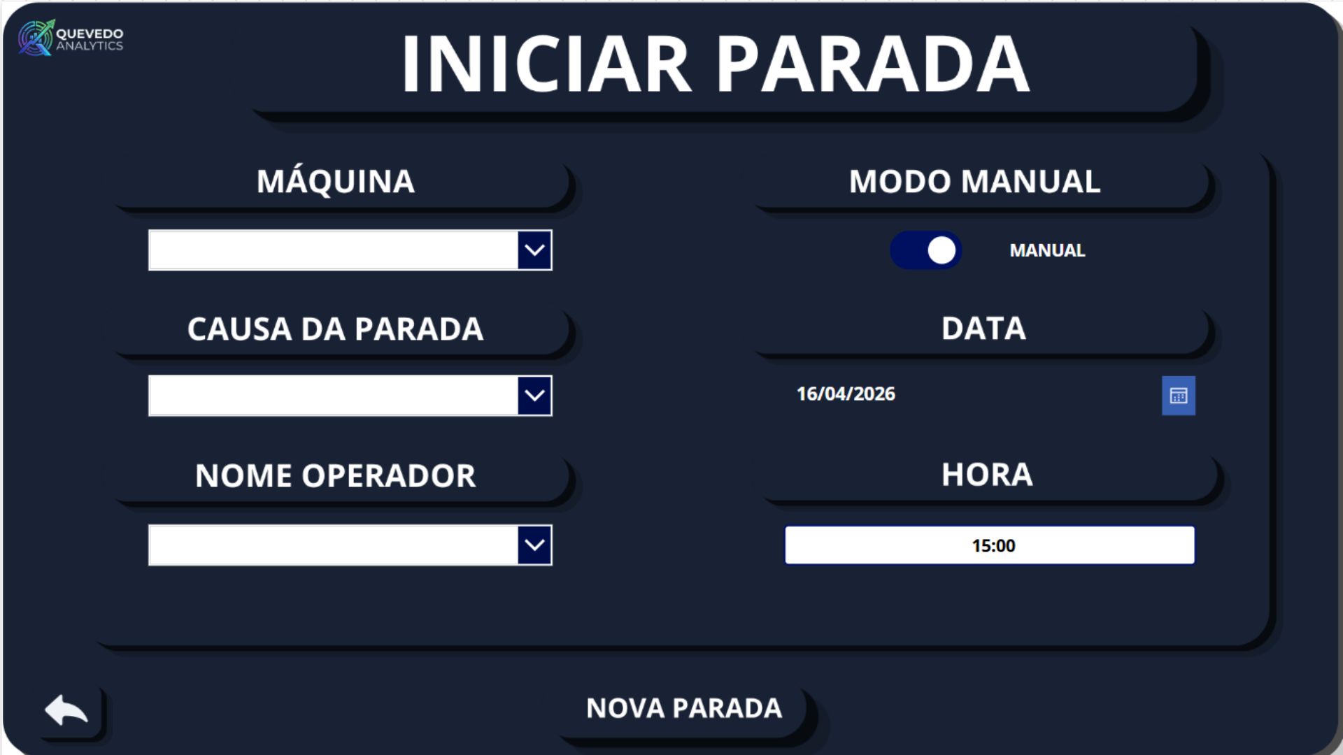 Tela Iniciar Parada — modo manual