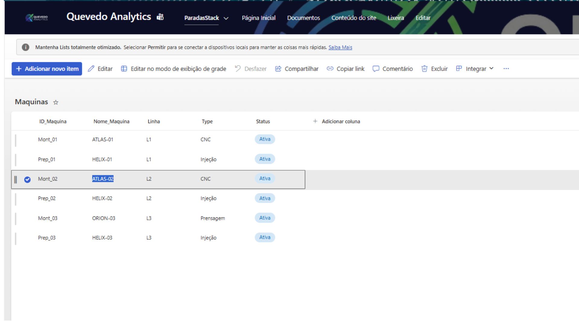 Lista SharePoint Máquinas — cadastro dos equipamentos da planta