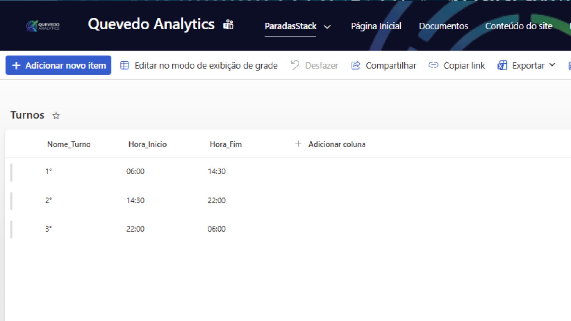 Lista SharePoint Turnos — 1°, 2° e 3° turnos